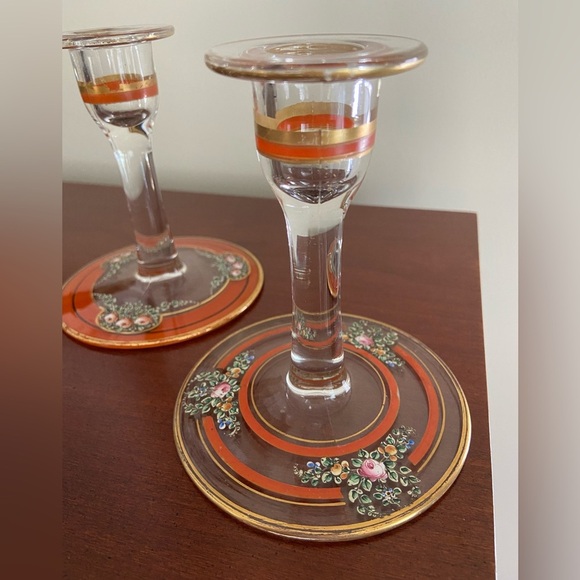Vintage Set of 2 Candlesticks Clear w/ Hand painted Orange, Gold & Flowers - Picture 2 of 16
